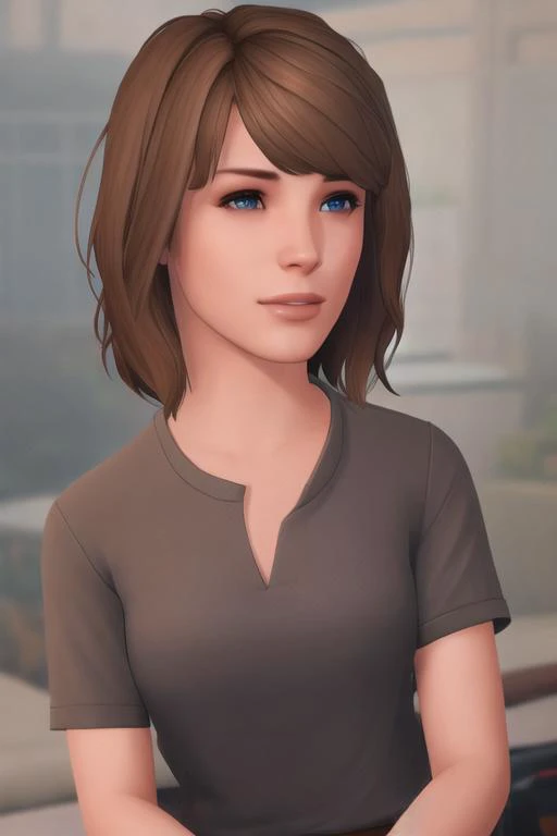 portrait of maxcaulfield ,solo, shirt, brown hair, short hair, realistic, upper body, pink shirt, lips, blue eyes, nose, bangs