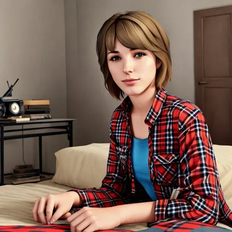 <lora:maxCaulfieldLifeIs_10:1> portrait of maxcaulfield ,solo, shirt, brown hair, short hair, realistic, upper body, plaid shirt, striped shirt, lips, plaid, blue eyes, nose, red shirt, bangs, open clothes, lay on bed, looking at viewer