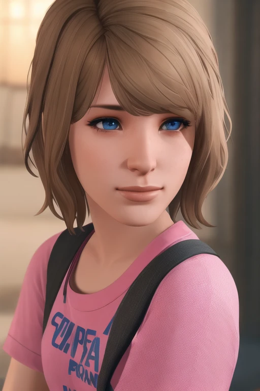 portrait of maxcaulfield ,solo, shirt, brown hair, short hair, realistic, (pink shirt:1.1), lips, blue eyes, nose, bangs, sad, crying