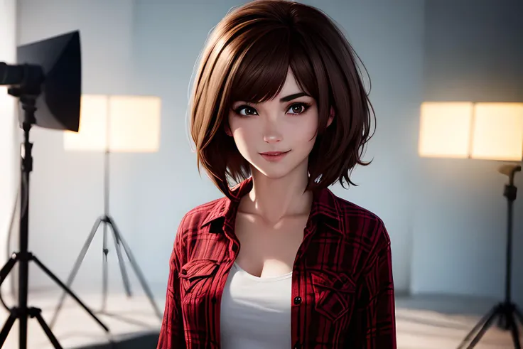 masterpiece, highres, photorealistic, real, best quality, 8k, best quality, realistic, ultra-detailed, perfect lighting, female, teen, 1girl, solo, looking at viewer, camera, photo studio, photostudio, spotlights, <lora:CHAR-Max:0.9>, maxcaulfield, max,  dark brown hair, red shirt, dark red plaid shirt, flannel shirt, bangs, smile,  open clothes,  white shirt, <lora:POSE-BreastFocus:0.6>, tartan, butterfly, upper body,