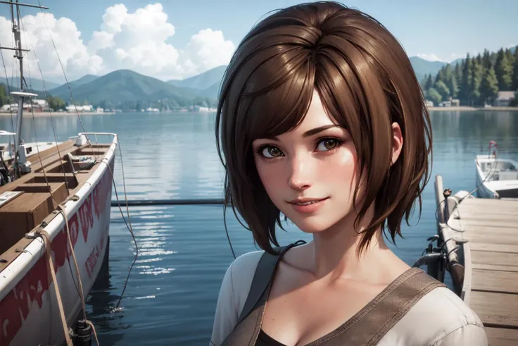 masterpiece, highres, photorealistic, real, best quality, 8k, best quality, realistic, ultra-detailed, perfect lighting, female, 1girl, solo, lake, fishing boat, port, mountains, inside, <lora:CHAR-Max:0.9>, maxcaulfield, max, dark brown hair, bangs, smile, <lora:POSE-BreastFocus:0.6>, upper body, shirt, dove,