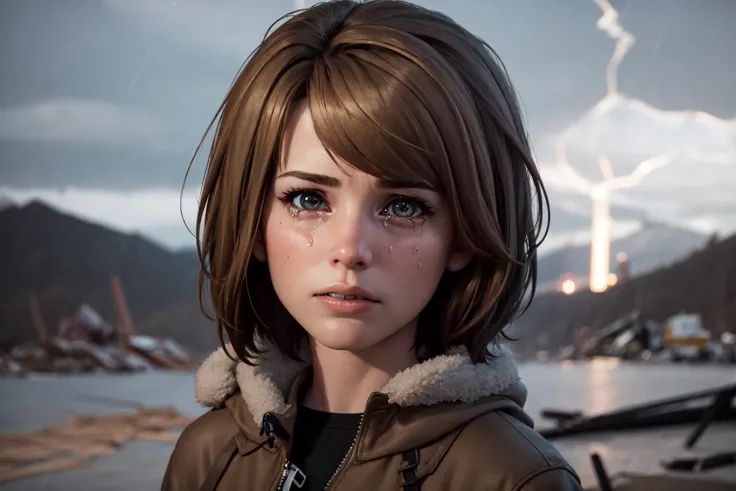 masterpiece, highres, photorealistic, real, best quality, 8k, best quality, realistic, ultra-detailed, perfect lighting, female, 1girl, solo, storm, grey sky, (tornado:1.3), destruction, thunderstorm, mountains, lake, <lora:CHAR-Max:0.9>, maxcaulfield, max, dark brown hair, bangs, sad, crying, tears, coat, <lora:POSE-BreastFocus:0.6>, upper body,