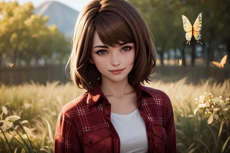 masterpiece, highres, photorealistic, real, best quality, 8k, best quality, realistic, ultra-detailed, perfect lighting, female, 1girl, solo, looking at viewer, outdoors, mountain, <lora:CHAR-Max:0.9>, maxcaulfield, max, dark brown hair, bangs, smile, <lora:POSE-BreastFocus:0.6>, (butterfly:1.3), upper body, red shirt, dark red plaid shirt, flannel shirt, open clothes, white shirt, tartan,