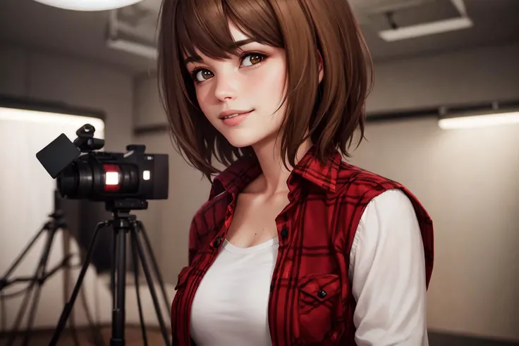 masterpiece, highres, photorealistic, real, best quality, 8k, best quality, realistic, ultra-detailed, perfect lighting, female, teen, 1girl, solo, looking at viewer, camera, photo studio, photostudio, spotlights, <lora:CHAR-Max:0.9>, maxcaulfield, max, dark brown hair, red shirt, dark red plaid shirt, flannel shirt, bangs, smile, open clothes, white shirt, <lora:POSE-BreastFocus:0.6>, tartan, butterfly, upper body,