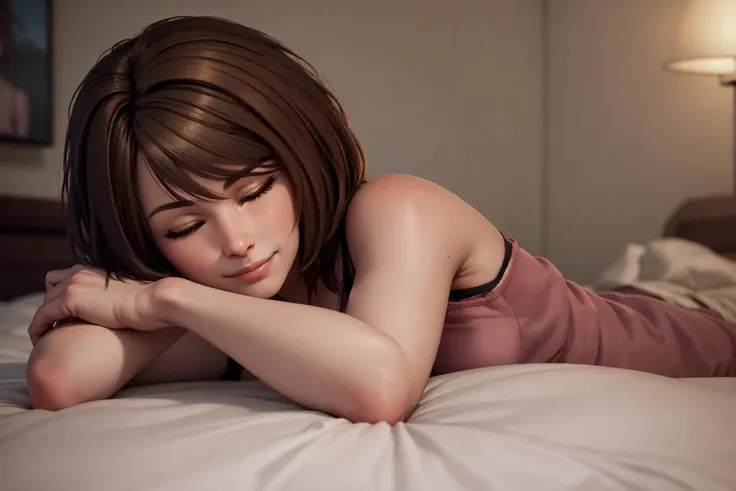 masterpiece, highres, photorealistic, real, best quality, 8k, best quality, realistic, ultra-detailed, perfect lighting, female, 1girl, solo, bedroom, bed, pictures, pajamas, night, happy, smile, <lora:CHAR-Max:0.9>, maxcaulfield, max, dark brown hair, bangs, sleepy, sleep, laying, eyes closed, <lora:POSE-BreastFocus:0.6>,
