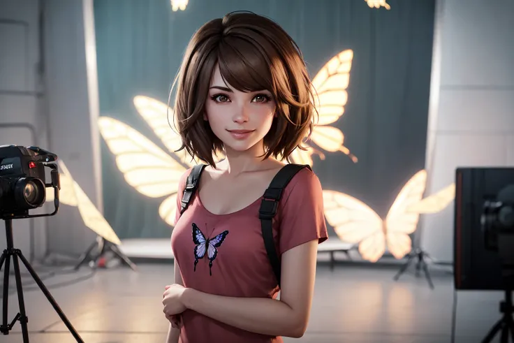 masterpiece, highres, photorealistic, real, best quality, 8k, best quality, realistic, ultra-detailed, perfect lighting, female, teen, 1girl, solo, looking at viewer, camera, photo studio, photostudio, <lora:CHAR-Max:0.9>, maxcaulfield, max, dark brown hair, bangs, smile, <lora:POSE-BreastFocus:0.6>, (butterfly:1.2), upper body, pink shirt,