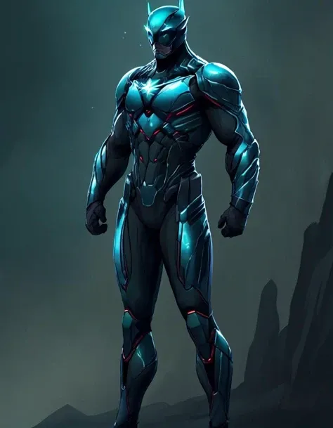 superhero suit, 1 man,  armor, armor,  glowing, glowing eyes, helmet,  green eyes, shoulder armor, standing  <lora:Superhero_suit-000007:.7>,