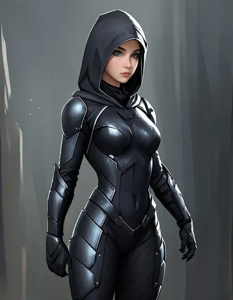 superhero suit, 1 girl. teen, armor, ninja armor, standing <lora:Superhero_suit-000007:.7>, realistic, hood