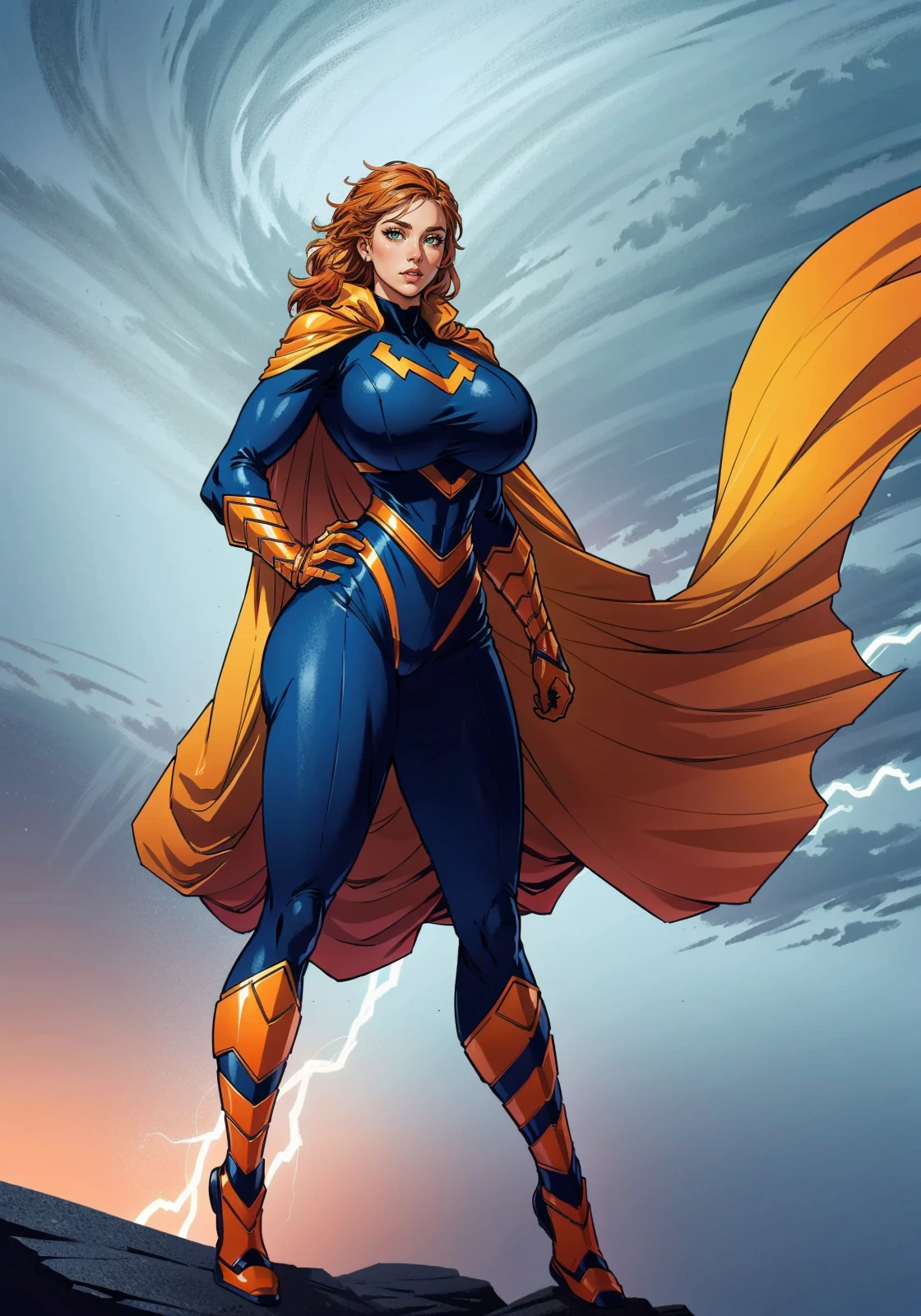 milf female superhero in a red cape, beautiful face, (orange hair:1.2), standing on a rock, lightning crest, lightning storm in the background, red cape on her back, (huge breasts:1.2), Artgerm, storm, a comic book panel, shock art, superhero suit, <lora:Superhero_suit-000007:.7> blue white and red superhero suit, concept art, character design, (full body shot:1.2), huge breasts, wide hips, <lora:PerfectFullBreasts-fCV3:0.5> slim waist, <lora:b1mb0_v3:0.5> b1mb0, solo