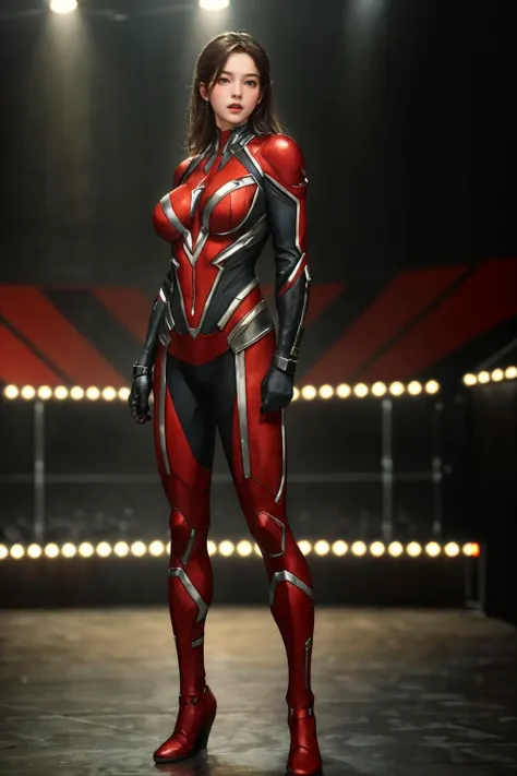 highres,absurdres,masterpiece,best quality,original,extremely detailed CG,extremely detailed wallpaper,perfect lighting,(standing on the stage),looking at viewer,1girl,blurry background,bare hands,1girl,
<lora:Superhero_suit:0.6>,superhero suit,armor,breasts,