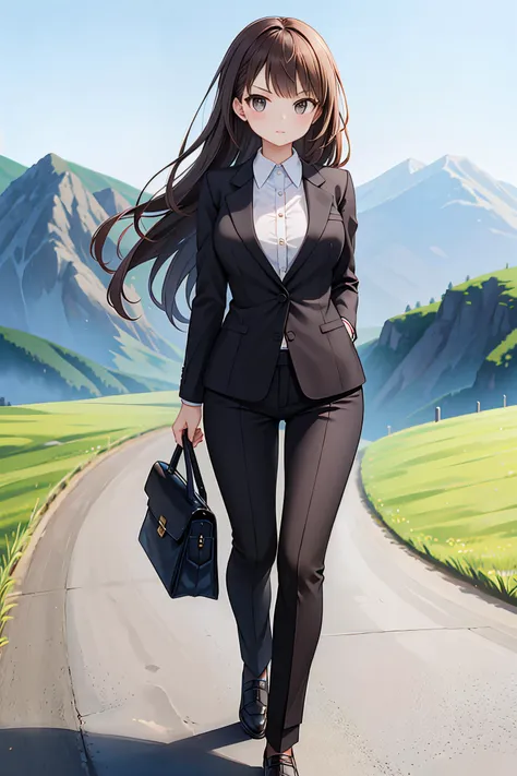 1girl, fullbody, (beautiful:1.1 cute:1.2 serious:1.1 girl:1.2 face, (business suit)), standing, (village), mountain top scenery, photorealistic, portrait, embedding:sd15/pos/edgquality:1.2