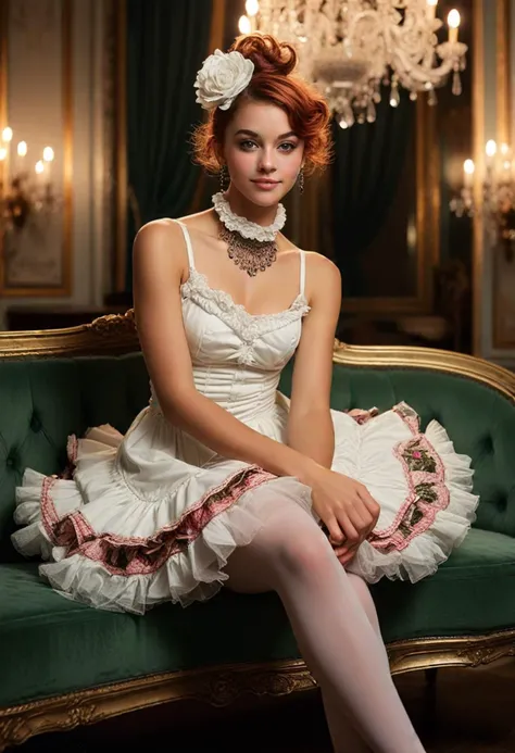 (medium full shot) of (spirited French cancan dancer) young woman, slender build, short red french twist hair, brazilian, tan skin, olive green eyes, wearing a fascinator, white evening cancan dress with bold prints, striped tights, ballet flats with chic design,  dramatic eye shadow, chandelier earrings, ruffled choker, set in  a cozy cabaret, featuring comfortable seating, soft lighting, relaxed atmosphere, plush sofas, elegant stage areas, woman smiling, detailed face, ,Masterpiece,best quality, photo, realistic, very aesthetic