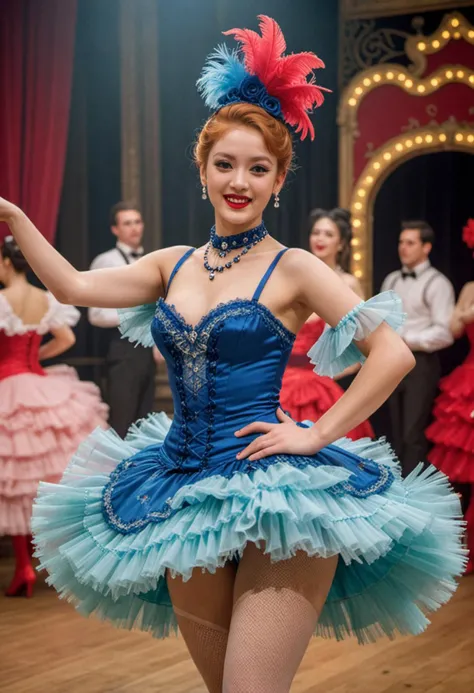 masterpiece, reality, 4k, (medium full shot) of (vibrant French cancan dancer) young woman, korean, tan skin, hazel eyes, Average build, extra long ginger updo hair, wearing a blue lace bodice, petticoat, fishnet stockings, heeled boots,  dramatic eye shadow, pearl necklace, feathered headpiece, set in  a classic performance at the Moulin Rouge, with dancers in vibrant costumes, a large stage, and cheering spectators, woman smiling