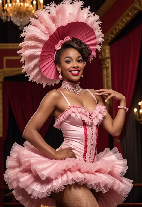 (medium full shot) of (captivating French cancan dancer) young woman, african, dark skin, black eyes, Medium build, short brown  hair, wearing a pink cancan dress with ruffles, fishnet stockings, heeled boots,  bold red lipstick, chandelier earrings, feathered headpiece, set in  a historic theater, with ornate decorations, a large stage, and an excited audience, woman smiling, Masterpiece,best quality, photo, realistic, very aesthetic, detailed face,