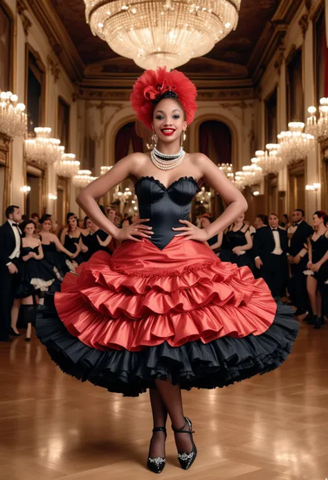 (medium full shot) of (captivating French cancan dancer) young woman, Medium build, long red bun hair, south african, dark skin, black eyes, wearing a black bustier, ruffled skirt, striped tights, satin pumps with pointed toe,  bold red lipstick, pearl necklace, ruffled choker feathered headpiece, set in  a grand ballroom, with crystal chandeliers, elegant decor, polished floors, a sophisticated ambiance , woman smiling, detailed face, ,Masterpiece,best quality, raw photo, realistic, very aesthetic