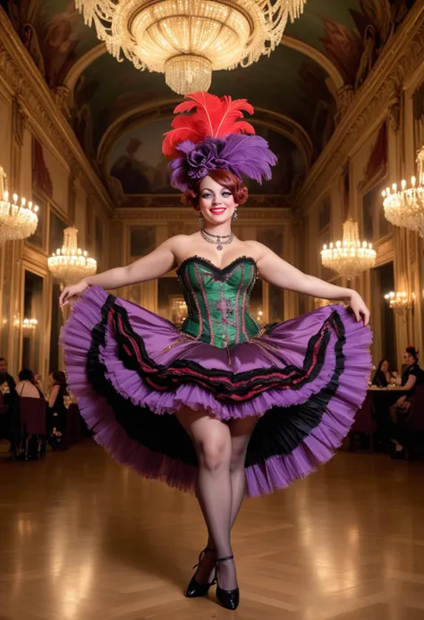 (medium full shot) of (dynamic French cancan dancer) young woman, voluptuous build, short red inverted bob cut hair, spanish, tan skin, jade green eyes, wearing a feathered headpiece, purple strapless cancan dress with chic patterns, fishnet tights, character shoes with chic design,  dramatic eye shadow, chandelier earrings, silk scarf frilly garter, set in  an opulent grand ballroom, where the ceiling frescoes tell ancient tales, featuring intricate parquet flooring, rich mahogany furniture, lavishly decorated banqueting tables , woman smiling, detailed face, ,Masterpiece,best quality, raw photo, realistic, very aesthetic