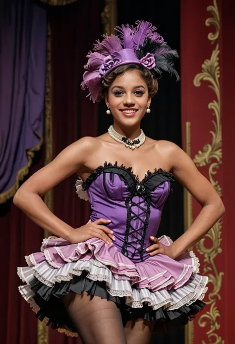 (medium full shot) of (spirited French cancan dancer) young woman, normal build, short brown side-swept hair, african, dark skin, black eyes, wearing a feathered headpiece, purple one-shoulder cancan dress with ruffles, striped tights, block heels with theatrical accents,  black eyeliner, pearl necklace, frilly garter, set in  a modern theatre, with sleek furniture, minimalist design, contemporary touches, artistic decor, stylish seating arrangementsduring night, woman smiling, detailed face, ,Masterpiece,best quality, photo, realistic, very aesthetic,