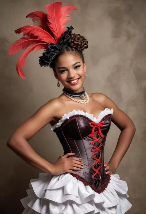 (medium full shot) of (lively French cancan dancer) young woman, Medium build, medium brown dutch braid hair, south african, dark skin, light brown eyes, wearing a feathered headpiece, white satin corset with intricate details, satin pants with elegant design, patterned tights, platform heels with theatrical accents,  black eyeliner, pearl necklace, ruffled choker, set in  a classic Moulin Rouge, with iconic red windmill, luxurious seating, vibrant ambiance, stylish decor, woman smiling, detailed face, ,Masterpiece,best quality, raw photo, realistic, very aesthetic