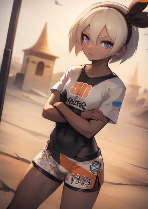 (masterpiece, best quality:1.2), extremely detailed, soft ambient lighting, sharp focus, 4K, BREAK <lora:Bea:0.9>, 1girl, solo, bea \(pokemon\), bodysuit, bodysuit under clothes, print shirt, print shorts, BREAK outdoors, desert town, looking at viewer, standing, crossing arms, focused look