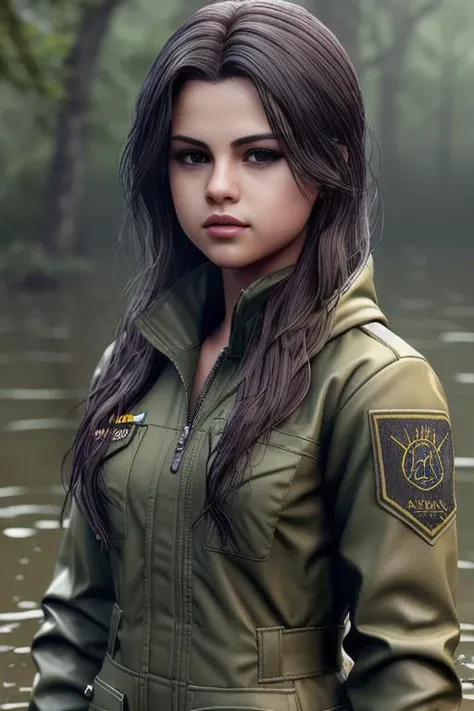 SelenaGomez outside in the rain, soaking wet, dank swamp, with army fatigues, (detailed facial features:1.15), Unreal Engine 5, 8K, HQ, HDR, amazing detail, intricate details, shallow depth of field, reflections, art by artgerm and greg rutkowski<lora:SelenaGomez:1.0>