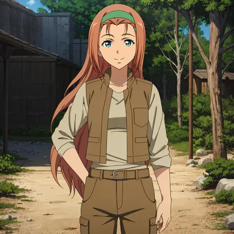 masterpiece,highres,high quality,extremely detailed,solo,
<lora:MikuriKairo001:0.7>,smile, 
MikuriKairo,1girl,
long hair,hairband,
military uniform,vest,shirt,
belt,pants,
