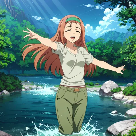 masterpiece,highres,high quality,extremely detailed,solo,
<lora:MikuriKairo001:0.7>,
MikuriKairo,1girl,
long hair,hairband,
military uniform,tank_top,
belt,pants,
closed eyes,smile,open mouth,outstretched arms,floating hair,splashes,wet,
river,nature,wading,water,shine,blue sky,waterfall,