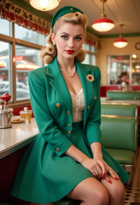 (medium full shot) of (striking 1940s pin-up girl) young woman, italian, tan skin, light green eyes, busty build, long blonde ponytail hair, wearing a emerald green vintage jacket, swing skirt, ballet flats, eyeliner, retro hat, set in the year 1940s, in   a stylish diner, with elegant decor, plush seating, vintage lighting, chic ambiance, during sunset,  Masterpiece,best quality, photo, realistic, very aesthetic, detailed face,