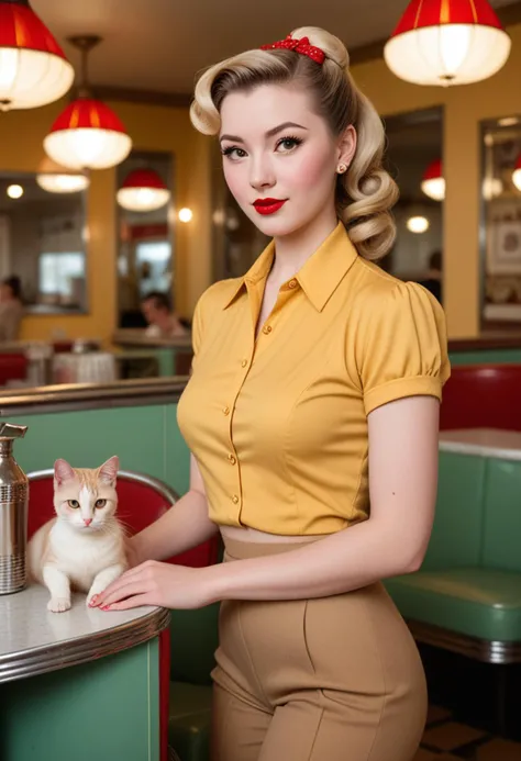 (medium full shot) of (stunning 1940s pin-up girl) young woman, chinese, pale skin, light brown eyes, Average build, medium blonde french braid hair, wearing a yellow fitted blouse, high-waisted trousers, stilettos, eyeliner, cat-eye sunglasses, set in the year 1940s, in   a stylish diner, with elegant decor, plush seating, vintage lighting, chic ambiance, during sunset,  Masterpiece,best quality, photo, realistic, very aesthetic, detailed face,