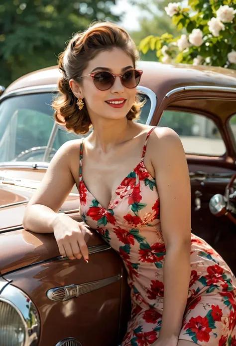 (medium full shot) of (dazzling 1940s pin-up girl) young woman, persian, mocha skin, light brown eyes, Medium build, short ginger single braid hair, wearing a red floral dress, platform heels, soft blush, cat-eye sunglasses, set in the year 1940s, in a stylish vintage car scene, with elegant decor, plush seating, retro accessories, a chic, nostalgic vibe , woman smiling, ,Masterpiece,best quality, photo, realistic, very aesthetic, detailed face,