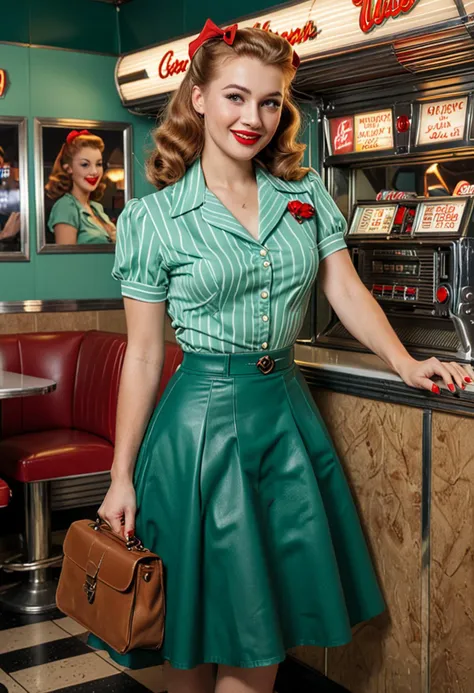 (medium full shot) of (sophisticated 1940s pin-up girl) young woman, russian, tan skin, light brown eyes, busty build, long ginger half-up half-down hair, wearing a emerald green striped blouse, a-line skirt, leather pumps, red lipstick, carrying a stylish satchel, set in the year 1940s, in   a classic 1940s diner, with retro booths, checkered floors, vintage jukebox, neon signs, at night, woman smiling, ,Masterpiece,best quality, photo, realistic, very aesthetic, detailed face,