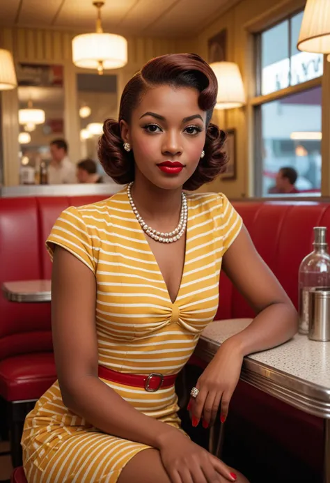 (medium full shot) of (stylish 1940s pin-up girl) young woman, black american, dark skin, brown eyes, Medium build, short red straight down hair, wearing a yellow striped dress, peep-toe heels, classic red lipstick, pearl necklace, set in the year 1940s, in   a stylish diner, with elegant decor, plush seating, vintage lighting, chic ambiance, during sunset,  Masterpiece,best quality, photo, realistic, very aesthetic, detailed face,