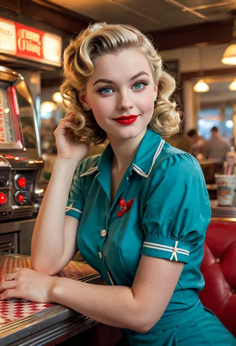 (medium full shot) of (striking 1940s pin-up girl) young woman, canadian, pale skin, jade green eyes, normal build, short blonde double braids hair, wearing a blue fitted blouse, capri pants, mules, red lipstick, bandana, set in the year 1940s, in   a classic 1940s diner, with retro booths, checkered floors, vintage jukebox, neon signs, at night, woman smiling, ,Masterpiece,best quality, photo, realistic, very aesthetic, detailed face,