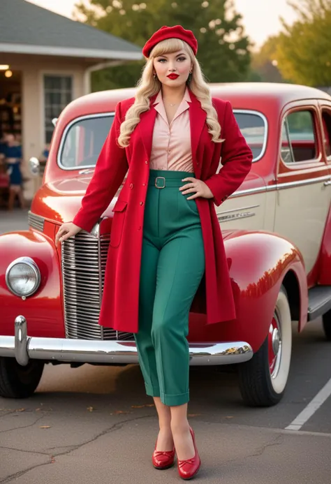 (medium full shot) of (fashionable 1940s pin-up girl) young woman, native american, tan skin, jade green eyes, full-figured build, long blonde bangs hair, wearing a red vintage jacket, high-waisted trousers, oxfords, soft blush, stylish beret, set in the year 1940s, in   a stylish drive-in, with elegant decor, plush seating, vintage cars, a chic, retro atmosphere, during sunset,  Masterpiece,best quality, photo, realistic, very aesthetic, detailed face,