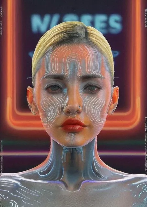 303, ((most stunning 30yo, symmetrical, perfect face , blond woman, upper body view)), (neon), best quality <lora:acid mix-303:0.9>