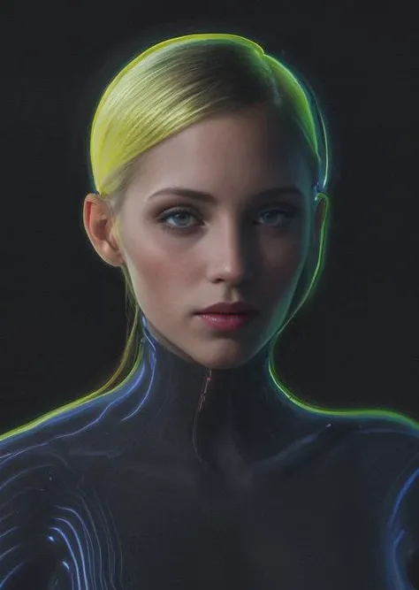 303, ((most stunning 30yo, symmetrical, perfect face , blond woman, upper body view)), (neon), best quality <lora:acid mix-303:0.9>