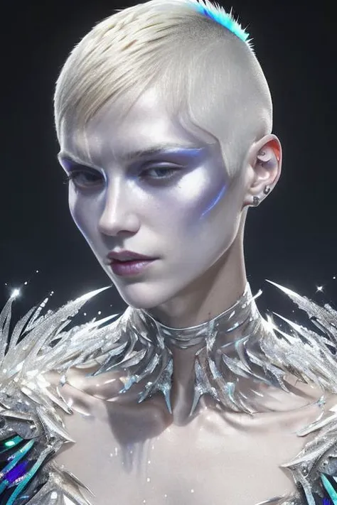 1girl ,(hair:1.2), blonde, shinny ,( silver skin) , glitch , iridescence <lora:acid mix-303:0.5> , half shaved haircut
