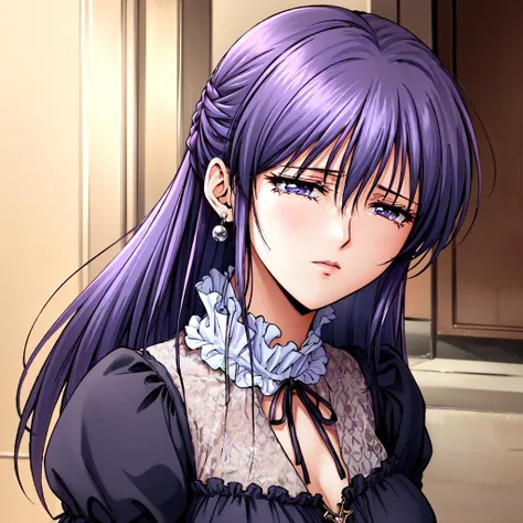 mature woman,elegant woman,purple hair,head thrown back,<lora:NIM:0.7>,purple Victorian dress,red pendant,courtyard,earrings,frilly lace neck,sad expression,crying,