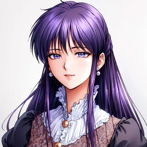 masterpiece, best quality, ultra high res, realistic, woman, medium shot, ((plain white background)), long hair, eyeliner, purple hair, kind eyes, purple Victorian dress, pearl earnings, frilly collar, mistress, <lora:NIM:0.8>, full head in shot, red pendant, smiling,