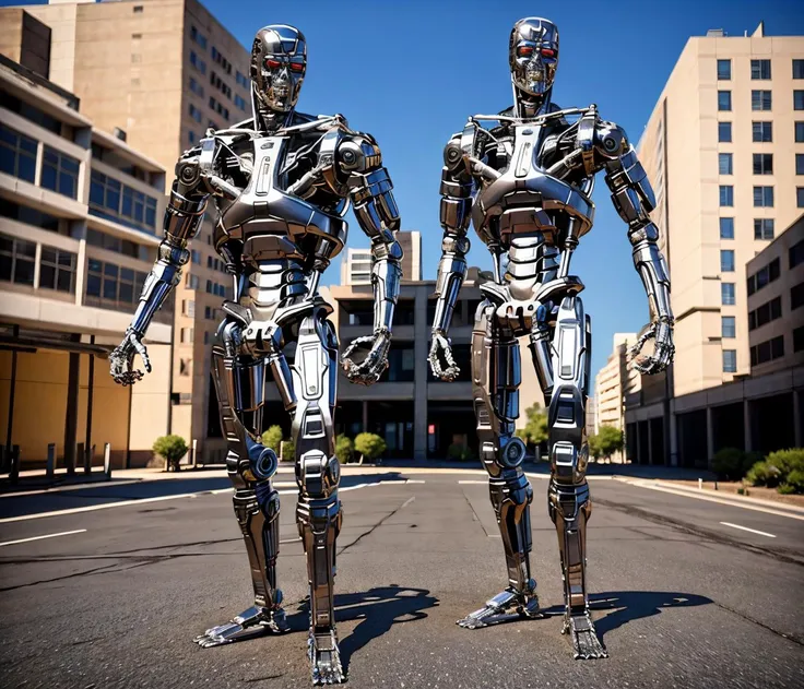 apocalypse buildings destroyed  full body shot (Realisitc:1.5) man terminator, <lora:EdobTerminator_v1.0:0.8>