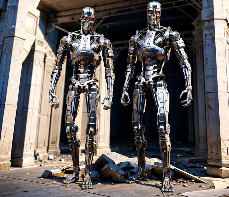 apocalypse ruins buildings destroyed full body shot (Realisitc:1.5) man terminator, <lora:EdobTerminator_v1.0:0.8>