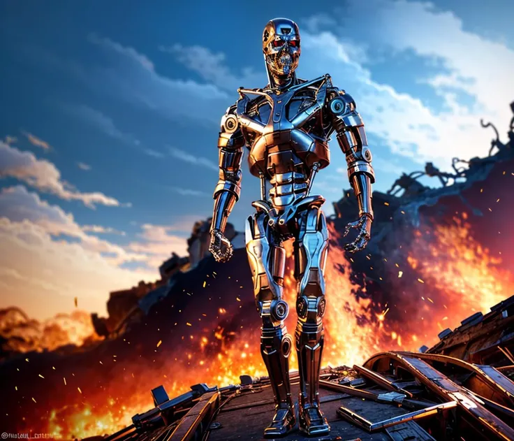 apocalipse buildings destructed landscape backgroud full body shot (Realisitc:1.5) man terminator, <lora:EdobTerminator_v1.0:0.8>