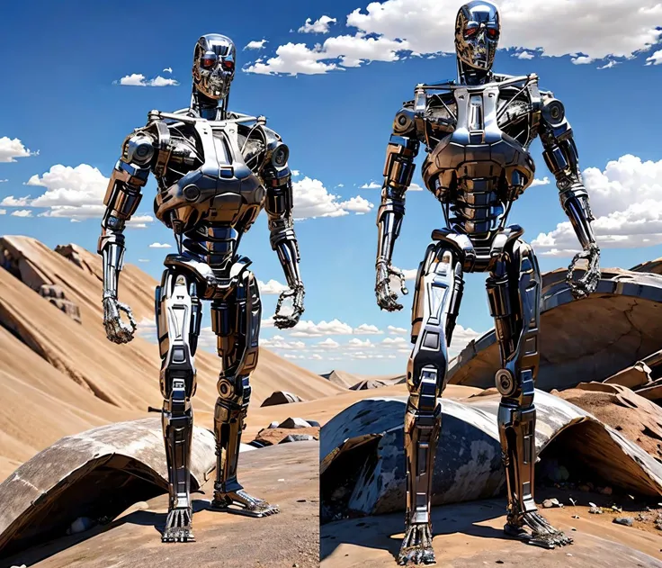 apocalypse buildings destroyed landscape full body shot (Realisitc:1.5) man terminator, <lora:EdobTerminator_v1.0:0.8>