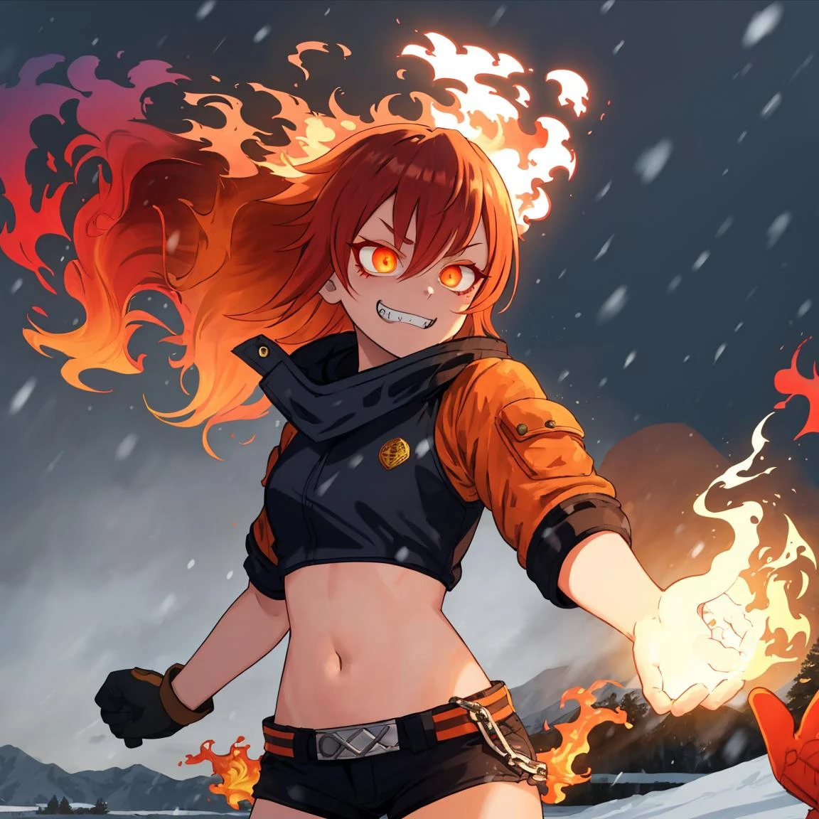 masterpiece, best quality, <lora:FlamingOrangeHairV1-000130:1>, OrFir, female, fiery_hair, long_hair, orange_hair, snow, winter, snow_melting, crop_top, shorts, chain, glowing_eyes, ice_field, frozen_lake, evil_grin, flaming_eye, smug