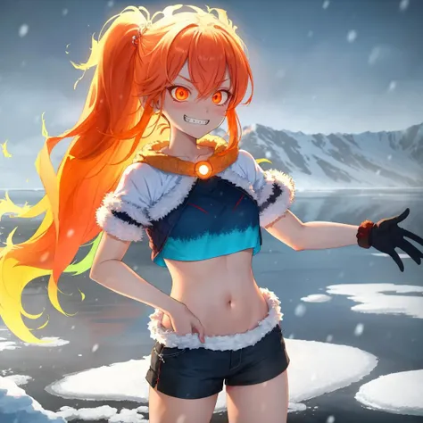 masterpiece, best quality, <lora:FlamingOrangeHairV1-000130:1>, OrFir, female, long_hair, orange_hair, snow, winter, snow_melting, crop_top, shorts, chain, glowing_eyes, ice_field, frozen_lake, evil_grin, flaming_eye, smug