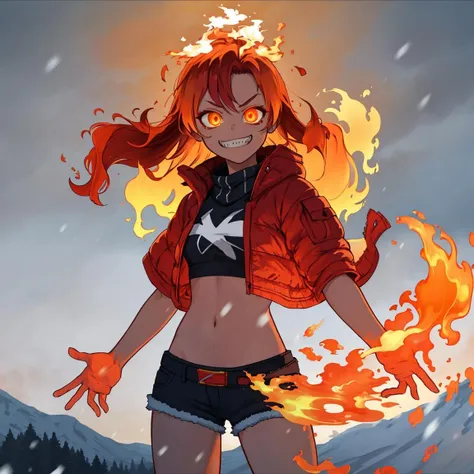 masterpiece, best quality, <lora:FlamingOrangeHairV1-000130:1>, OrFir, female, fiery_hair,  long_hair, orange_hair, snow, winter, snow_melting,  crop_top, shorts, chain,  glowing_eyes, ice_field, frozen_lake, evil_grin, flaming_eye, smug