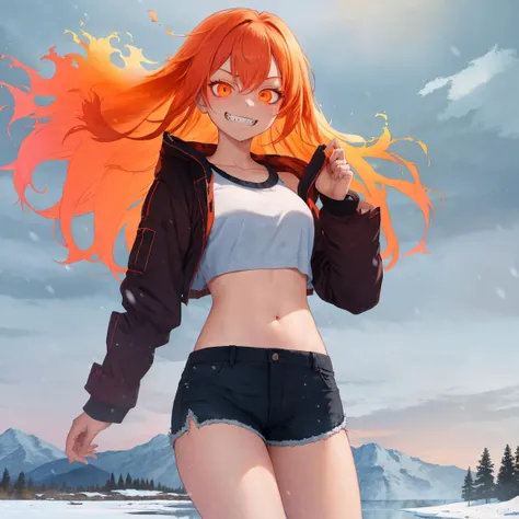 masterpiece, best quality, <lora:FlamingOrangeHairV1-000130:1>, OrFir, female,  long_hair, orange_hair, snow, winter, snow_melting,  crop_top, shorts, chain,  glowing_eyes, ice_field, frozen_lake, evil_grin, flaming_eye, smug