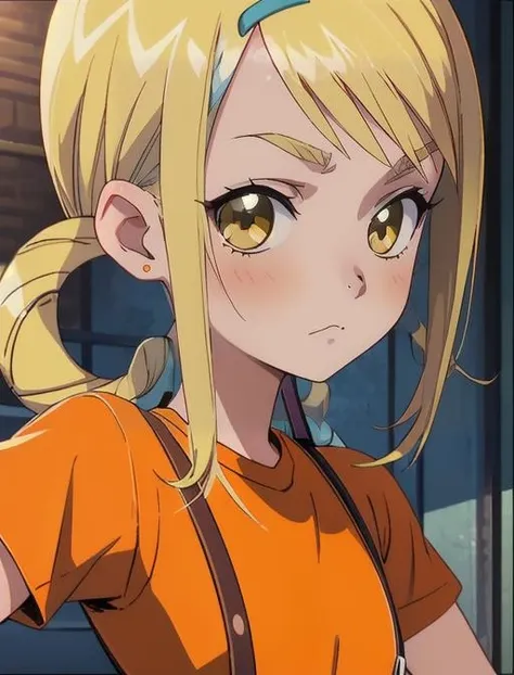 best quality, masterpiece, highres, detailed, anime screencap, <lora:Detail - add_detail:0.2>, blonde hair, hair loops, yellow eyes, sidelocks, MomokoAsu, orange shirt,<lora:Character - MomokoAsu:0.9>, fantasy city, frightened, flat chest, suspenders, close-up,