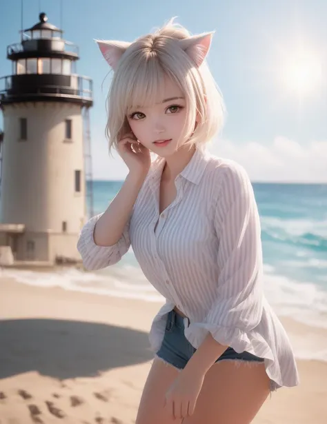 Coastal beauty, 1girl in a charming nautical outfit, (fluffy cat ears, short white hair), striped shirt, (bright eyes, sun-kissed skin, carefree expression), sandy beach background, lighthouse, gentle sea breeze, playful pose, dynamic composition, golden hour lighting, blurred background, rich colors, fine details, hyperrealistic, 50mm lens, relaxed atmosphere. portrait photography, 35mm film, natural blurry