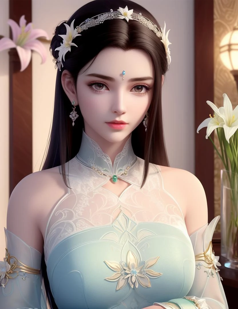 ultra realistic 8k cg, picture-perfect face, flawless, clean, masterpiece, professional artwork, famous artwork, cinematic lighting, cinematic bloom, perfect face, beautiful face, fantasy, dreamlike, unreal, science fiction, beautiful clothes, lace, lace trim, lace-trimmed legwear, (rich:1.4), prestige, luxury, jewelry, diamond, gold, pearl, gem, sapphire, ruby, emerald, intricate detail, delicate pattern, charming, alluring, seductive, erotic, enchanting, hair ornament, necklace, earrings, bracelet, armlet,halo
((,1girl, pov,))(((,lily \(flower\), 1girl, spring_\(season\), solo,looking at viewer, ))) <lora:DA_XiaoXunEr:0.6>