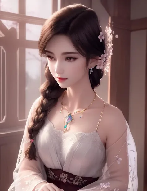 ultra realistic 8k cg, picture-perfect face, flawless, clean, masterpiece, professional artwork, famous artwork, cinematic lighting, cinematic bloom, perfect face, beautiful face, fantasy, dreamlike, unreal, science fiction, beautiful clothes, lace, lace trim, lace-trimmed legwear, (rich:1.4), prestige, luxury, jewelry, diamond, gold, pearl, gem, sapphire, ruby, emerald, intricate detail, delicate pattern, charming, alluring, seductive, erotic, enchanting, hair ornament, necklace, earrings, bracelet, armlet,halo
((,1girl, ,))(((,,,, , 1girl, , solo, cherry blossoms,sakuramon,looking at viewer, , see-through,see-through sleeves, , )))((jewelry, 1girl, necklace, earrings, solo, braid, hair_ornament, brown_eyes,upper body, )) <lora:DA_YingMo:0.6>